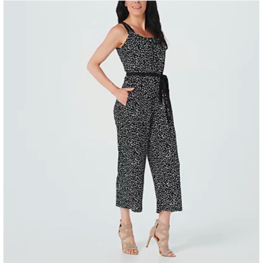 Susan Graver Black Confetti Print Liquid Knit Jumpsuit Pockets Size 2X - NO BELT